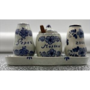 Delft Blue Netherlands Hand Painted 6 Piece Condiment Set Tray Wooden Spoon